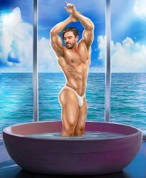 1boy abs biceps bulge carlos_gzz caucasian caucasian_male celebrity in_water male male_only muscles muscular muscular_male musician pecs posing real_person solo solo_male steve_grand thick_thighs thong