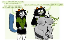 belly_piercing big_areola big_breasts big_penis catgirl chubby clothing embarrassed futanari happy_trail homestuck horns meulin_leijon sharp_teeth shirt tagme text thighhighs trans_woman transfem xenopavilia