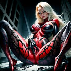 ai_generated blonde_hair bodysuit breasts female_only marvel pamela_anderson she-venom spider-man_(cosplay) spider-man_(series) symbiote unstable_diffusion venom_(marvel)