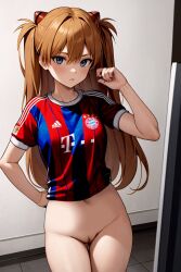 1girls ai_generated asuka_langley_sohryu bayern_munich blue_eyes bottomless female female_only long_hair looking_at_viewer nekom14 neon_genesis_evangelion no_panties orange_hair pussy soccer_jersey twintails