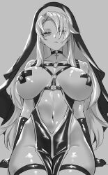 big_breasts big_thighs breasts busty covered_nipples emotionless expressionless hs_mollu huge_breasts huge_thighs imminent_bestiality large_breasts large_thighs monochrome nun nun's_habit nun_outfit original original_character sitting taped_nipples thick_thighs thighs