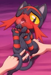 animal_focus anthro anus bad_furaffinity_id bad_id bed_sheet black_eyes blush breath claws clitoris colored_sclera disembodied_limb drooling fangs feline female fingering full_body highres legs_up litten looking_at_viewer lying navel nose_blush on_back one_eye_closed open_mouth pawpads pokemon pokemon_(species) pov purple_background pussy pussy_juice saliva solo_focus spread_pussy stoic5 sweat toe_scrunch tongue tongue_out wince yellow_sclera zoophilia