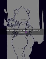 abunbot anthro ass bear big_butt digital_media_(artwork) epic_games female firearm fortnite gun hi_res holding_gun holding_object holding_penis holding_shotgun mammal object ranged_weapon raven_team_leader shotgun simple_background snapchat solo thick_thighs weapon wide_hips