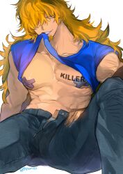 1boy bara blonde_hair blue_eyes bulge facial_hair goatee grin hair_over_one_eye jeans killer_(one_piece) lipstick lllsamlll long_hair long_hair_male makeup male male_only messy_hair muscular muscular_male one_piece open_pants pasties pecs purple_lipstick shirt_in_mouth shirt_lift sitting smile solo x_pasties