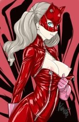 1girls ann_takamaki big_breasts bodysuit breasts breasts_out clothing female female_only human kuroishi_ringo large_breasts latex latex_suit mask masked_female nipples pale_skin persona persona_5 phantom_thief_suit red_bodysuit red_clothing red_latex revealing_breasts showing_breasts tight_clothing unzipped unzipped_bodysuit