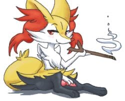 1boy animal_ear_fluff animal_ears animal_feet animal_nose animal_penis black_fur blush body_fur braixen closed_mouth commentary erection feet fox_ears fox_girl fox_tail full_body furry furry_male hand_up happy holding holding_stick knee_up knotted_penis light_blush looking_at_viewer lowres male_braixen male_focus male_only multicolored_fur penis pokemon pokemon_(species) red_eyes simple_background sitting smile smoke snout solo stick stoic5 symbol-only_commentary tail uncensored white_background white_fur yellow_fur