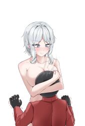 1boy 1girls big_breasts black_gloves blue_eyes blush clothed clothed_male clothed_male_nude_female dante_(limbus_company) faust_(limbus_company) female head_in_cleavage limbus_company nude nude_female project_moon red_jacket short_hair smoke white_hair