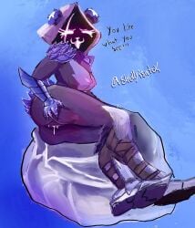 1girls ass breasts caption cum cum_dripping_out_of_pussy cum_in_pussy cum_inside female fortnite fortnite:_battle_royale fur furry furry_female furry_only hood hooded laying_down laying_on_side purple_body purple_eyes purple_fur raven_team_leader raven_team_leader_(fortnite) shoes shoes_on skullyisntok smiling smirk spreading_ass