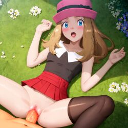 1boy 1girls ai_generated blonde_hair blue_eyes blush bottomless clothed_sex exhibitionism hat kujai long_hair lying microskirt missionary_position moaning nature nintendo nopan on_back outside penetration penis penis_in_pussy pokemon pokemon_(anime) pokemon_xy public_nudity public_sex pussy red_skirt serena_(pokemon) sex spread_legs thighhighs uncensored vagina vaginal_penetration