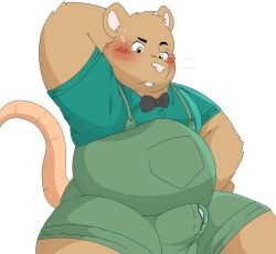 2023 anthro belly big_belly blush bow_tie brown_body bulge clothed clothing erection erection_under_clothing genital_outline givemepudding3 hi_res kemono male mammal murid murine overweight overweight_male penis_outline pink_nose rat rodent shirt simple_background solo topwear white_background