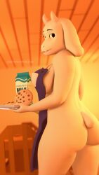 3d_(artwork) absurd_res anthro apron apron_only ass beverage_carton boss_monster bovid breasts caprine carton clothing container cookie digital_media_(artwork) english_text eyelashes female food hi_res holding_object holding_tray horn looking_back mammal milk_carton milk_container mostly_nude owo_sfm plate red_eyes smile solo teeth text toriel tray undertale undertale_(series)