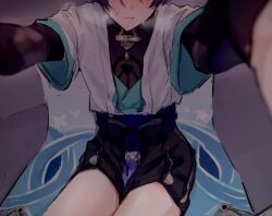 1boy auauun blush clothing cropped femboy fully_clothed genshin_impact girly heavy_breathing let_me_be_between_those_thighs_please male male_only no_visible_genitalia scaramouche_(genshin_impact) shorts sweat tagme