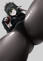 black_hair blood blood_bag female from_below goth goth_girl green_eyes indie_virtual_youtuber layna_lazar long_ears thighs upward_angle_between_legs virtual_youtuber