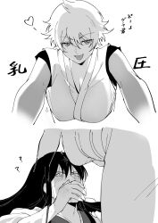 1boy 1girls bedroom_eyes big_breasts blush canon_genderswap covering_mouth female femdom flushed fully_clothed genderswap_(mtf) ginko_sakata gintama gintoki_sakata half-closed_eyes japanese_clothes katsura_kotarou kimono male malesub monochrome noichi nosebleed rule_63 short_hair smile very_short_hair