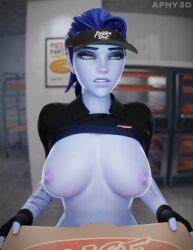 1girls 3d alternate_costume amelie_lacroix aphy3d big_breasts blizzard_entertainment blue_hair breasts breasts_out cap clothing female female_only fingerless_gloves human large_breasts nipples overwatch overwatch_2 pizza_box pizza_girl pizza_hut pizza_slut presenting_breasts purple_skin shirt shirt_up solo solo_female solo_focus tattoo widowmaker yellow_eyes