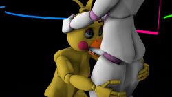 2girls 3d animatronic animatronic_female animatronic_girl animatronics anthro beak beakjob black_background blowjob blue_eyes blue_light chica chicken_girl dick dickgirl female female_only five_nights_at_freddy's five_nights_at_freddy's_2 fnaf fox_girl futanari green_light hands_behind_legs hands_on_head looking_up_at_partner mangle mangle_(fnaf) naked naked_female nude nude_female penis penis_in_mouth pink_cheeks pink_light pink_nipples source_filmmaker sucking sucking_penis toy_chica_(fnaf) white_body yellow_body