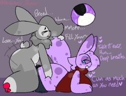 2d_(artwork) anthro bodily_fluids bottomless breed closed_eyes clothed clothing cum cum_in_pussy cum_inside dialogue duo english_text female gastropod genital_fluids genitals grey_background grey_body heart impregnation lagomorph leporid male male/female mammal mollusk nonbinary_bunny nude orio_(nonbinary_bunny) pawpads paws penetration penis purple_body rabbit raine_(grape_ad) rough_sex sex simple_background smile snail text topwear vaginal_penetration