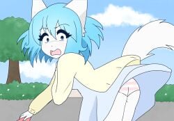 1female 1girls animation_meme_community ass blue_dress blue_eyes blue_hair blue_sky book bush bushes butt caught_off_guard cloud dress dress_lifted_by_wind dress_up female fluffy_tail girl mouth_open multicolored_panties no_legwear open_mouth panties pantsu pantyshot pantyshot_(bending_over) pantyshot_(standing) plant plants screenshot shimapan shocked shocked_expression shrub sky striped_panties tail tree updress virtual_youtuber vtuber wind wind_lift wolfychu wolfychu_(artist) youtube youtube_source youtuber youtuber_girl