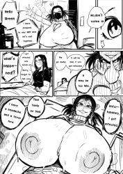 1boy 1girls areolae black_and_white breasts cleavage_cutout comic dialogue english english_text exposed_breasts face_mask female gigantic_breasts green_(artist) horny huge_breasts male mask nipples shirt_lift speech_bubble sweat sweating text top_heavy