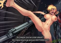 1girls big_breasts blonde_hair casual eltonel female firearm gun hellsing hellsing_ultimate hellsing_ultimate_abridged human large_breasts nude pale-skinned_female pale_skin red_eyes rifle seras_victoria vampire weapon