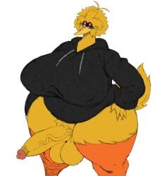 2023 anthro avian beak big_bird big_breasts bird blonde_hair bottomless breasts clothed clothing duo female futanari gynomorph hair hoodie huge_breasts huge_hips huge_thighs humanoid intersex larger_futanari looking_at_viewer male muppets overweight rule_63 sesame_street size_difference smaller_male smoking sssonic2 thick_thighs third-party_edit topwear wide_hips yellow_body