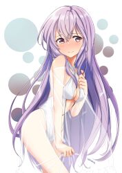 1girls alternate_costume bare_shoulders blush breasts cleavage female female_only fire_emblem fire_emblem:_genealogy_of_the_holy_war julia_(fire_emblem) long_hair medium_breasts nervous nintendo one-piece_swimsuit purple_eyes purple_hair shy simple_background solo swimsuit thighs white_one-piece_swimsuit white_swimsuit yu_sakurai06