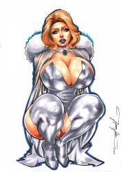 1girls bimbo bimbo_lips blonde_hair blue_eyes breasts cape cleavage corset curvy curvy_female emma_frost female hellfire_club high_heels jeferson_lima large_breasts lingerie marvel marvel_comics milf squatting thick_thighs white_queen x-men