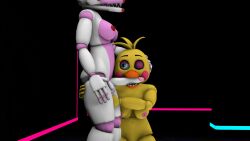 2girls 3d animatronic animatronic_female animatronic_girl animatronics anthro arm_around_leg beak beakjob black_background blue_eyes blue_light breasts chica chicken_girl dick dick_in_beak dickgirl female female_only five_nights_at_freddy's five_nights_at_freddy's_2 fnaf fox_girl futanari hand_on_head l looking_up_at_partner mangle mangle_(fnaf) naked naked_female nude nude_female one_eye_closed penis pink_body pink_cheeks pink_light pink_nipples red_lipstick red_nipples source_filmmaker toy_chica_(fnaf) white_body wink yellow_body