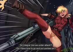 1girls big_breasts blonde_hair casual eltonel exposed_pussy female firearm gun hellsing hellsing_ultimate hellsing_ultimate_abridged human large_breasts pale-skinned_female pale_skin pubic_hair red_eyes rifle seras_victoria vampire weapon