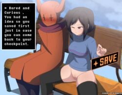 bench bottomless bottomless_female casual casual_bottomless casual_exposure casual_nudity exhibition exhibitionism exhibitionist exposed_pussy female_frisk frisk frisk_(undertale) imminent_sex partially_clothed public sitting spread_legs sweater thighhighs thighs undertale undertale_(series) zukafu_shimoto