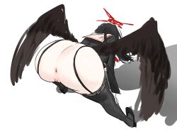 anus ass bent_over black_choker black_wings blue_archive breasts choker cleft_of_venus feathered_wings female fomerlin garter_straps gym_shirt gym_uniform halo hasumi_(blue_archive) high_heels highres huge_ass huge_breasts jacket justice_task_force_(blue_archive) large_wings low_wings mole official_alternate_costume partially_unzipped pussy red_halo shirt solo track_jacket trinity_general_school_student wings