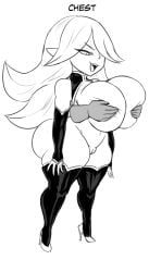 big_breasts breasts clothing copyright_request dart_(thecon) female footwear genitals goblin goblin_female hair hair_over_eye hand_on_breast hi_res high_heels humanoid legwear monochrome not_furry one_eye_obstructed pussy short_stack thecon thick_thighs thigh_highs