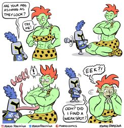 1boy 1girls abs cleavage comic english_text helmet knight large_breasts larger_female licking_abs long_tongue marko_raassina markoraassina mohawk_(hairstyle) monster_girl muscular_female my_girlfriend_is_an_orc_warlord!_(webcomic) orc orc_female original red_hair thick_thighs