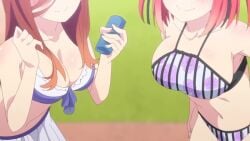 2d 2d_animation 2girls animated anime_screencap ass ass_shake bikini bikini_skirt black_ribbon blue_bikini blue_eyes blush bouncing_ass breasts butterfly_hair_ornament cleavage collarbone dat_ass edited floral_print frilled_bikini frills gif_artifacts go-toubun_no_hanayome hair_ornament hair_ribbon hand_on_hip huge_ass large_breasts long_hair looking_at_viewer medium_hair multiple_girls nakano_miku nakano_nino navel no_sound off-shoulder_bikini off_shoulder pink_bikini pink_hair red_hair ribbon screencap siblings sisters skirt smile sound_edit sound_effects stomach striped striped_bikini swimsuit tagme twins video white_skirt