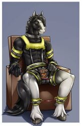 2022 anthro balls biped bondage bondage bound chair chastity_cage chastity_device collar equid equine furniture genitals hi_res hooves horse male mammal metal_collar nastya_tan penis simple_background sitting smile solo submissive submissive_anthro submissive_male