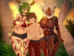 1boy 2girls 3d 3d_(artwork) animal_ears antlers big_breasts big_dom_small_sub big_thighs bikini blush blushing_male cute_birdd dark-skinned_female dark_skin female green_hair grey_eye huge_breasts koikatsu light-skinned_female light-skinned_male light_skin maiko_kawaki male original osha_(cute_birdd) red_eyes taller_girl tattoos white_hair