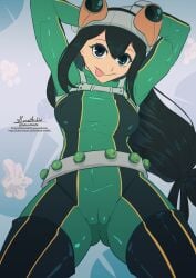 background big_breasts black_eyes black_hair boku_no_hero_academia color colored commission doktor_malefic hero_outfit_(mha) long_hair looking_at_viewer my_hero_academia standing thick_thighs thighs tied_hair tight_clothing tongue tongue_out tsuyu_asui