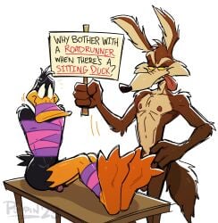 bondage daffy_duck feet foot_fetish gag genitals looney_tunes male_only on_table poppin sign tied_up wile_e._coyote