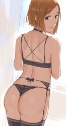 1girls absurdres ass back_view bare_shoulders black_bra black_choker black_garter_belt black_garter_straps black_lingerie black_panties black_stockings black_thighhighs black_thong bob_cut bra brown_eyes brown_hair choker cowboy_shot female from_behind garter_belt garter_strap highres jujutsu_kaisen kugisaki_nobara light_brown_hair lingerie lingerie_only looking_at_viewer looking_back looking_back_at_viewer micchan_(micchanmeido) no_sex non-nude nostrils panties parted_bangs parted_lips short_hair shoulder_blades sidelighting solo solo_female stockings thighhighs thighs thong underwear underwear_only