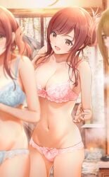 3girls bra changing_room cowboy_shot fujinomiya_rio idolmaster idolmaster_shiny_colors kuwayama_chiyuki large_breasts lingerie looking_at_another obscured_face oosaki_amana oosaki_tenka smile talking_to_another tying_hair underwear