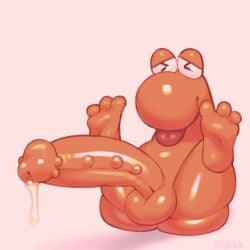 >_< 1boy artist_name ass balls bumpy_penis chubby chubby_male feet large large_penis legs_up long_penis male moba_(artist) nerds no_arms non-human orange_body orange_skin penis precum ridged_penis shiny shiny_skin tongue tongue_out toony