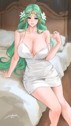 1girls areola_slip bare_shoulders bed bedroom bedroom_eyes big_breasts blush blushing blushing_at_viewer breasts camisole circlet cleavage collarbone female female_only fire_emblem fire_emblem:_three_houses flower green_eyes green_hair hair_flower hair_ornament highres huge_breasts inviting inviting_to_sex large_breasts legs lingerie long_hair looking_at_viewer loving_gaze loving_look mature mature_female mature_woman milf nintendo off_shoulder on_bed parted_bangs ready_for_sex ready_to_fuck rhea_(fire_emblem) sendo_(sendrawz) sendrawz sitting smile smiling smiling_at_viewer solo solo_female taking_clothes_off tease teasing thighs undressing white_camisole