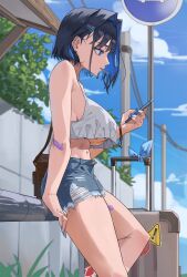 1girls archinoer blue_eyes blue_hair booty_shorts breasts denim_shorts female hololive hololive_english hololive_english_-council- hololive_english_-promise- huge_breasts light-skinned_female light_skin ouro_kronii outdoors short_hair short_shorts shorts thighs underboob virtual_youtuber