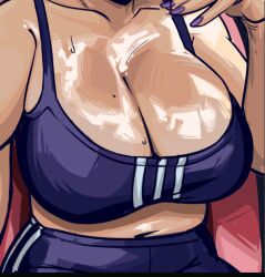 2023 2d big_breasts bra breasts cleavage close-up clothed clothing color colored_nails large_breasts navel purple_nails sports_bra sweat sweatdrop sweaty sweaty_breasts twosipsofbleach