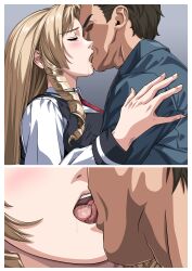 1boy 1girls accurate_art_style adult adult_and_teenager age_difference bible_black blonde_hair closed_eyes colored comic female french_kiss hanadaka_moai high_resolution imminent_sex kissing long_hair making_out male mature_male older_male open_mouth passionate passionate_kiss questionable_consent school_uniform schoolgirl shiraki_rika shirt side_view sideboob skirt story teenage_girl teenager tongue tongue_out upper_body vest younger_female