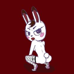 animal_crossing animal_ears artist_request ass back blushinh breasts brown_hair eyeliner eyeshadow female fishnet_thighhighs fishnets from_behind full_body furry furry_female lipstick looking_at_viewer looking_back makeup medium_breasts nude rabbit_ears rabbit_girl rabbit_tail red_background short_hair sideboob simple_background sketch solo squatting tail thighhighs tiffany_(animal_crossing)