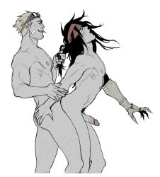 2boys bandage beard_stubble black_hair blonde_hair blush cid_highwind cigarette final_fantasy final_fantasy_vii gay goggles goggles_on_head hair_pull headband kaciart long_hair long_hair_male male/male mechanical_arm muscular_male naked nipples nude old_man_yaoi older_male penis pleasure_face prosthetic_arm pubic_hair smoking tender vincent_valentine white_background yaoi