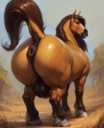 1boy 2023 ai_generated anus balls big_balls black_anus black_balls blue_sky brown_body brown_eyes brown_fur brown_hair darkgem_(artstyle) equid equine equine_genitalia equine_penis feral feral_only hi_res hooves horse horse_ears horse_tail horsecock huge_butt looking_at_viewer looking_back male male_only mane muscular muscular_feral muscular_legs muscular_male outdoors outside presenting presenting_anus presenting_balls presenting_hindquarters puffy_anus savanna shy solo tree