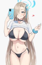 asuna_(blue_archive) beauty_mark_on_breasts bikini blue_archive cellphone cleaning_&_clearing_(blue_archive) collar cowboy_shot heart huge_breasts millennium_science_school_student skindentation sweatdrop taking_selfie teisho9 upshirt white_shirt