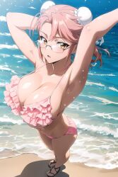 ai_generated beach big_breasts cleavage highschool_of_the_dead hotd huge_breasts micro_bikini saya_takagi skinny_waist small_waist tagme